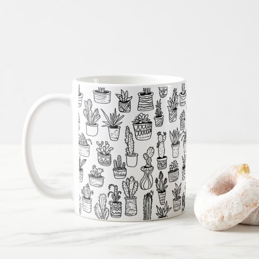 Cactus Potplanten Mooie Patronen Zwart & Wit Koffiemok (Met donut)