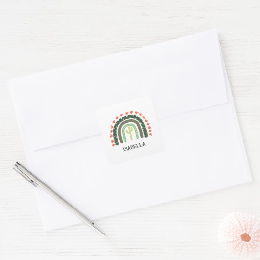 Cactus Rainbow NAME Oranje groene moderne woestijn Vierkante Sticker (Envelop)