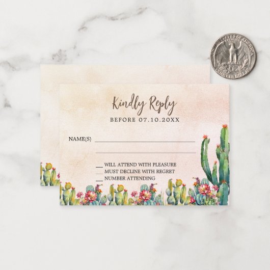 Cactus roos gouden rustieke trouwreactie RSVP Notitiekaartje (Voorkant / Achterkant in situ)