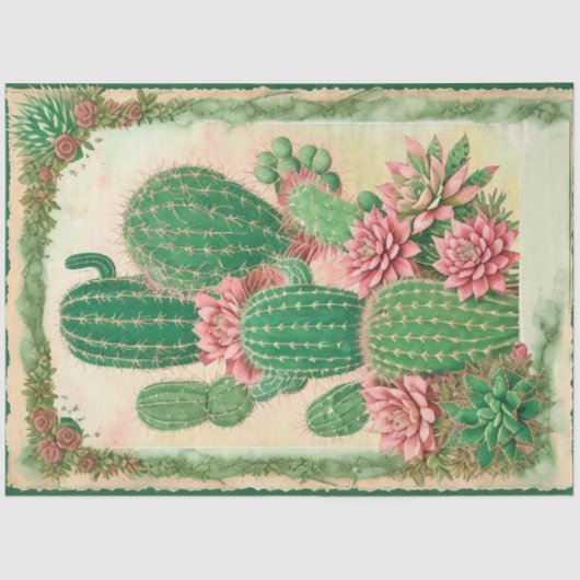 Cactus Roze Bloem Ephemera Collage Art No3 Tissuepapier (Voorkant)