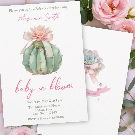 Cactus Roze Lint Baby Meisje Douche Kaart