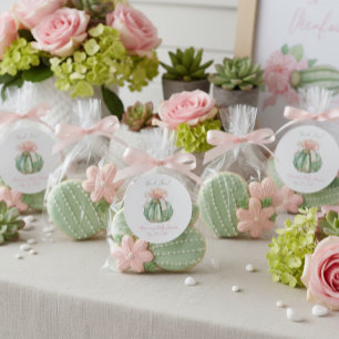 Cactus Roze Lint Baby Meisje Douche Ronde Sticker