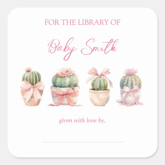Cactus Roze Lint Baby Meisje Shower Boek Bord Vierkante Sticker (Voorkant)