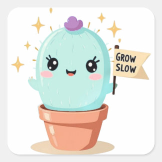 Cactus StickerGrow Slow – Schattige Kawaii Pastel  Vierkante Sticker