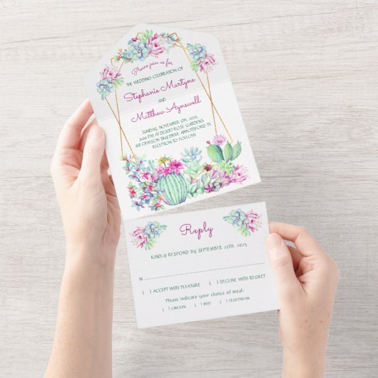 Cactus Succulent Geometric Pink Wedding All In One Uitnodiging (Afscheurbaar)
