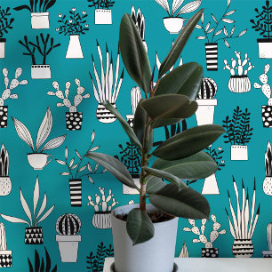 Cactus Succulent Huisplant Teal Groen Kunst Behang