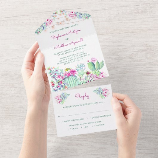 Cactus Succulent String Licht Pink Wedding All In One Uitnodiging (Afscheurbaar)