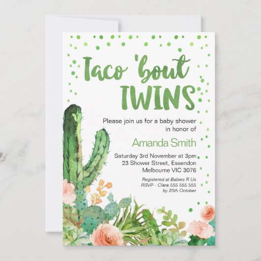 Cactus Taco 'Bout Twins Fiesta Baby shower Kaart (Voorkant)