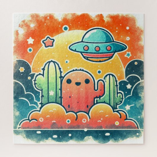 Cactus UFO Coloré Scène de Désert Puzzle (Vertical)