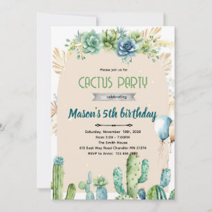Cactus uitnodiging met blauwe bloemen woestijn