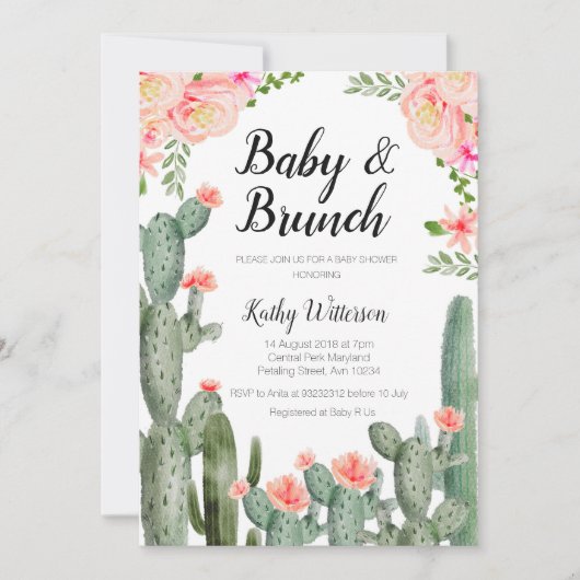 Cactus verdure bébé brunch invitation (Devant)