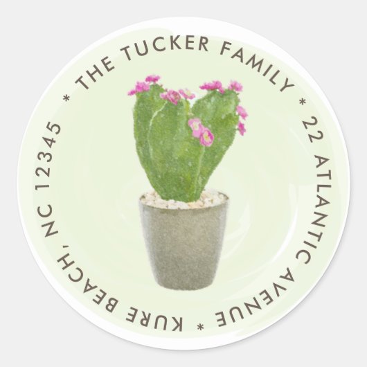 Cactus Vetplant Roze Bloem Potplant Adres Ronde Sticker (Voorkant)