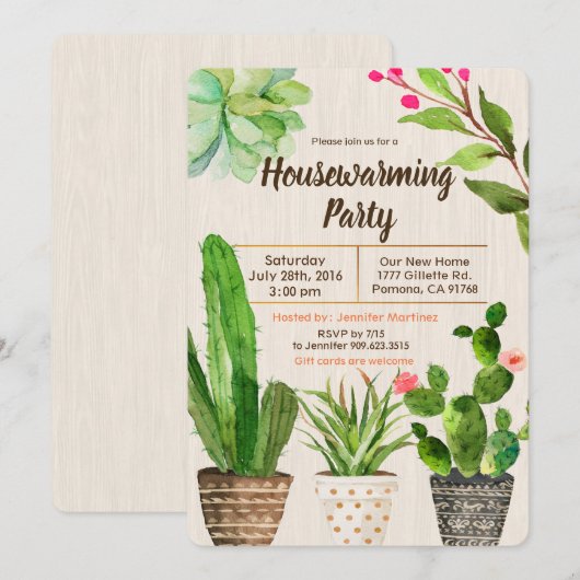 Cactus Vetplanten Housewarming Uitnodiging (Voorkant / Achterkant)