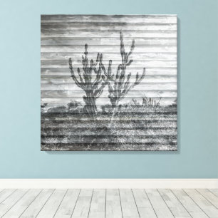 Cactusplanten op houten planken zwart-wit foto canvas afdruk
