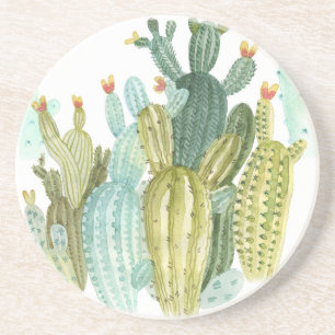 cactussen bloeiend Waterverf patroon Zandsteen Onderzetter