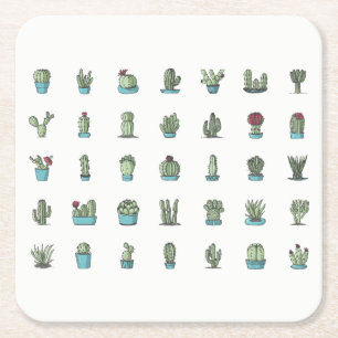 Cactussen Succulenten Planten Hand Getekende Botan Vierkante Kartonnen Onderzetter