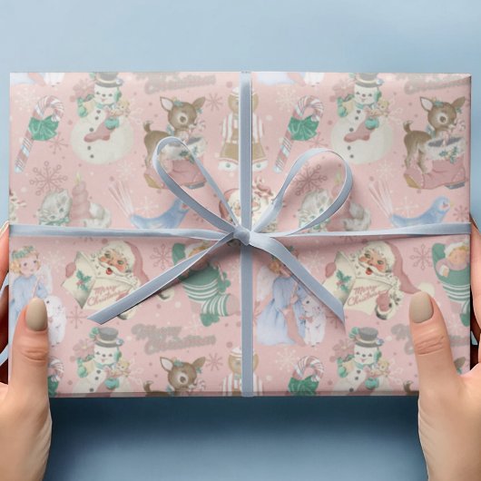 Cadeau adorable papier d'enveloppement de Noël rose rétro