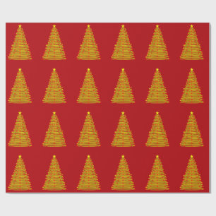 Cadeau Arbre de Noël or sur papier à enveloppement rouge