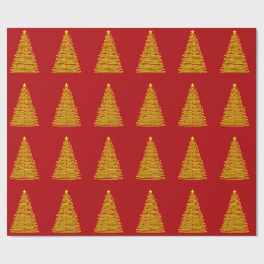 Cadeau Arbre de Noël or sur papier à enveloppement rouge (Plat)