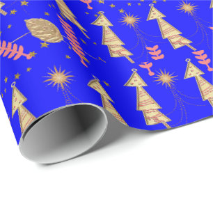 Cadeau Arbres de Noël d'or papier d'enveloppement bleu