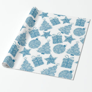 Cadeau Beau papier d'enveloppement de Noël bleu et blanc