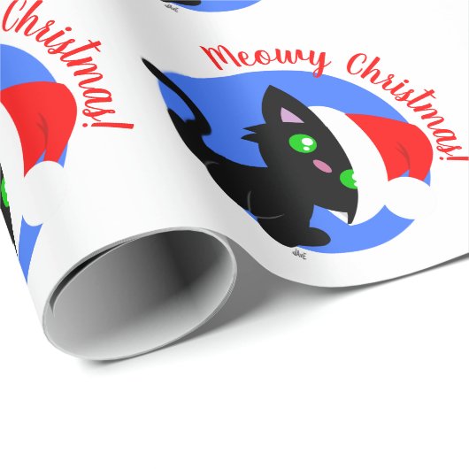 Cadeau Black Meowy Christmas Kitty Wrapper Papier (Coin rond)