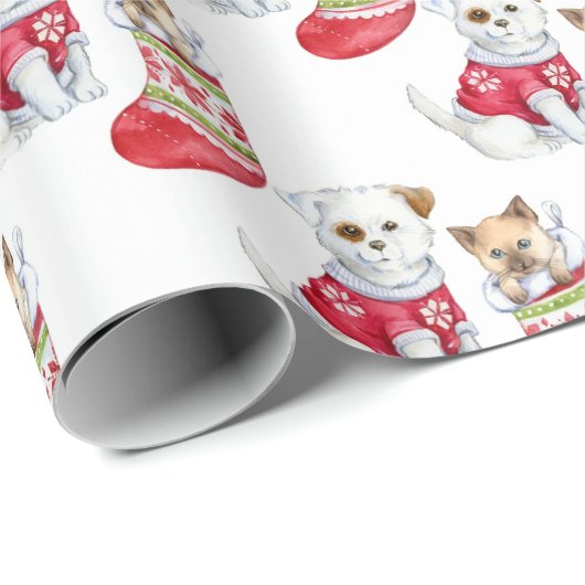 Cadeau Blanc| Papier à enveloppement de Noël pour chiots  (Coin rond)