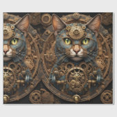 Cadeau bleu steampunk chat AI papier d'emballage art (Plat)