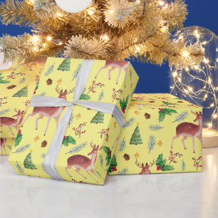 Cadeau Cerf beau papier d'emballage jaune de Noël