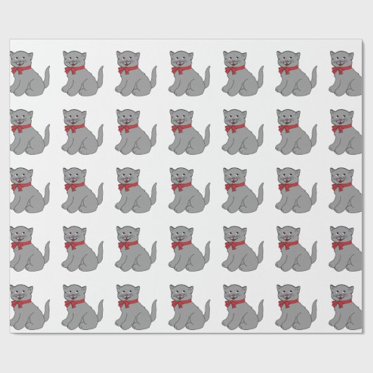 Cadeau Chat gris avec le papier d'emballage d'arc rouge (Plat)