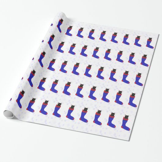 Cadeau Chat Noël Stocker Snowflakes Wrapping Papier (Déroulé)