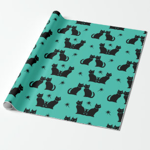 Cadeau Chat noir rétro Kitty sur papier d'emballage aqua