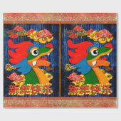 Cadeau Chine Papier coupé Dragon Bois Bleu Or (Plat)