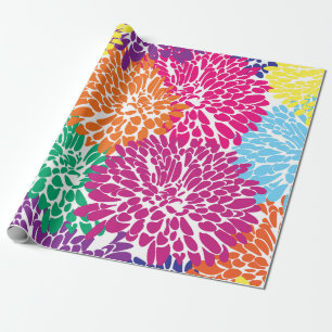 Cadeau chrysanthèmes multicolores sur papier d'emballage