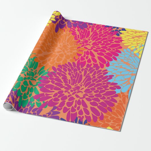 Cadeau chrysanthèmes multicolores sur papier d'emballage  (Déroulé)