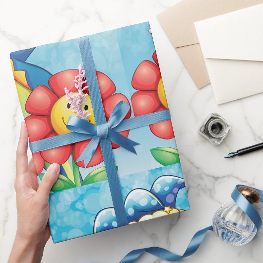 Cadeau Clown Avec Fleurs Enveloppant Papier