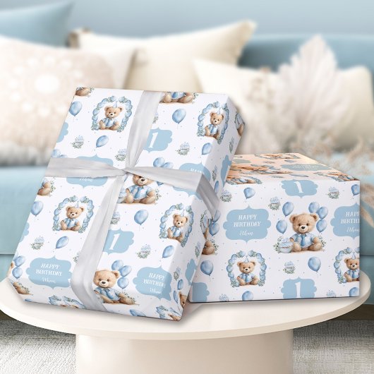 Cadeau Cute Bear Bleu 1er Anniversaire Nom Papier d'envel