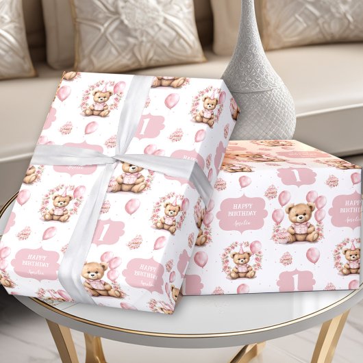 Cadeau Cute Bear Rose 1er Anniversaire Nom Papier d'envel