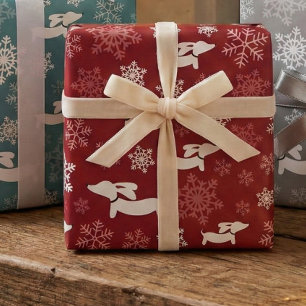Cadeau Dachshund Snowflakes Red Wrapper Papier Noël