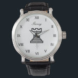 Cadeau de montre d'échecs personnalisé avec le sym<br><div class="desc">Cadeau de montre d'échecs personnalisé avec le symbole de rook. Numéros romains avec typographie de script stylisée et icône de pièce de rook. Classy black bracelet en cuir. Logo noir et blanc chic avec nom ou devis personnalisé. Idée cadeau d'anniversaire unique pour les amateurs d'échecs, enseignant, étudiant, enfants (garçon ou...</div>