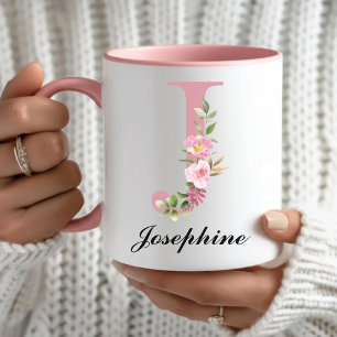 Cadeau de mug personnalisé rose avec monogramme po