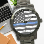 Cadeau de retraite de la police personnalisé Ligne<br><div class="desc">Célébrez et montrez votre reconnaissance à un policier exceptionnel avec cette Retraite de Ligne Bleue Mince ou Montre de Poche de Police Anniversaire - Drapeau américain dans Police Drapeaux couleurs dans un design moderne noir et bleu. Parfait pour les primes de service et les cadeaux de retraite de la police...</div>