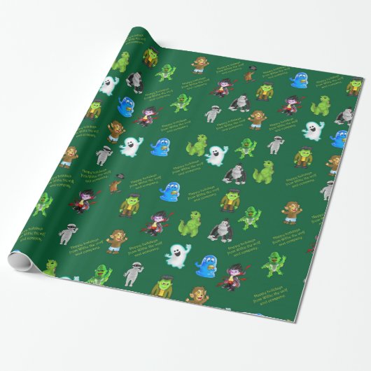 Cadeau Dix Petits Monstres : Papier à envelopper vert (Déroulé)