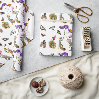 Cadeau Écureuils avec papillons enveloppant du papier