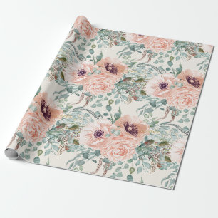 Cadeau Élégant papier floral aquarelle rose feuilles de s
