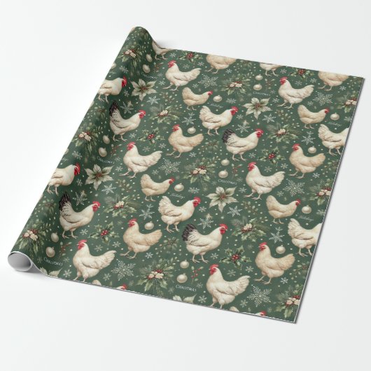 Cadeau Élégants poulets de Noël sur papier vert de vacanc (Déroulé)