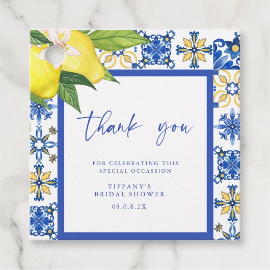 Cadeau Étiquettes de Fête de Mariage Thème Tuiles Bleues (Devant)