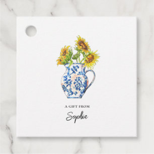 Cadeau Étiquettes de tournesols dans un vase bleu et blan