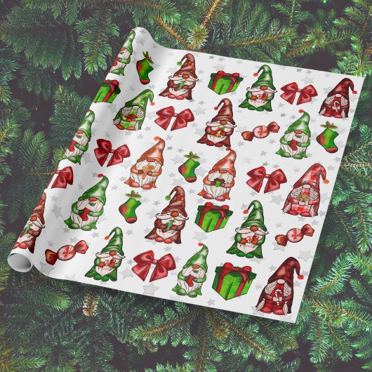 Cadeau Festive Gnomes Argent Stars Envelopper Papier