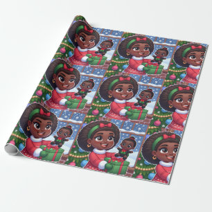 Cadeau Fille noire avec papier d'emballage de poupée noir